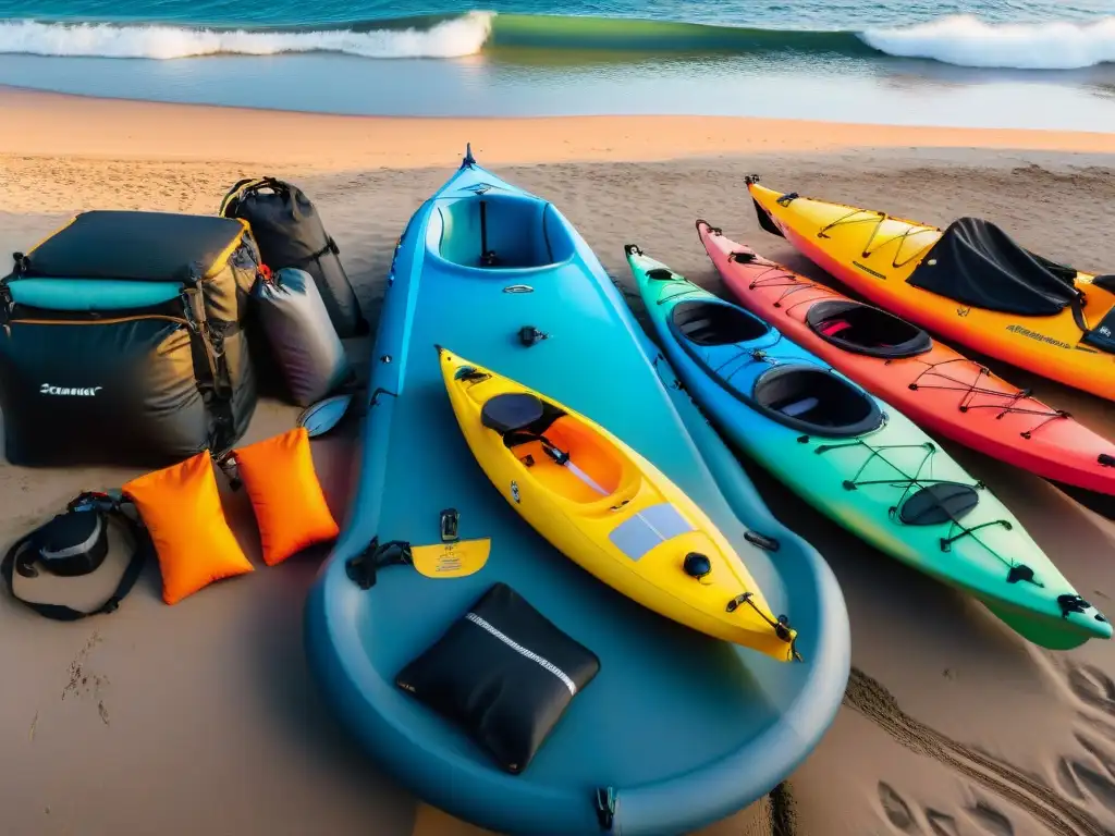 Equipo colorido de kayak en la playa de Uruguay, listo para la aventura