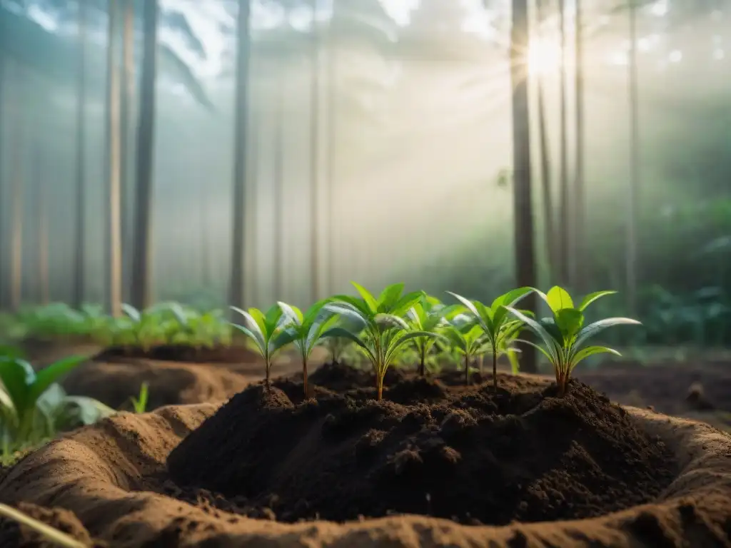 Equipo diverso plantando árboles con cuidado en bosque de Uruguay