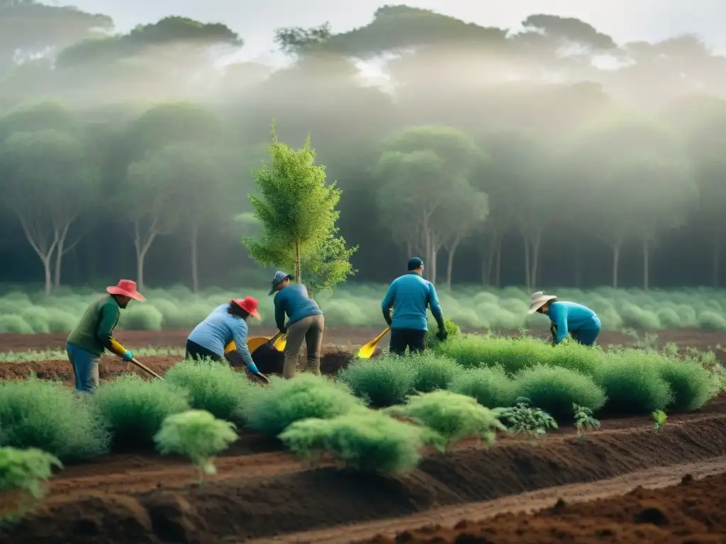 Equipo diverso planta árboles nativos en bosque de Uruguay, reflejando colaboración en proyectos de reforestación