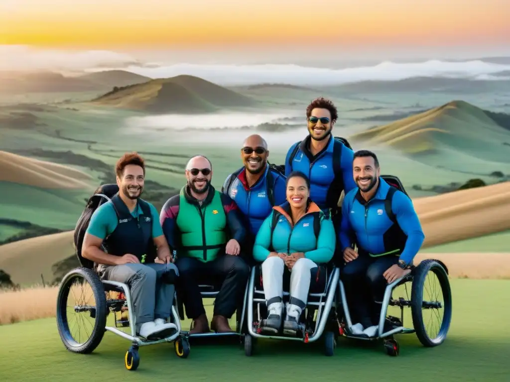 Un equipo diverso de personas con discapacidades se prepara para volar en parapentes adaptados, mostrando empoderamiento e inclusión