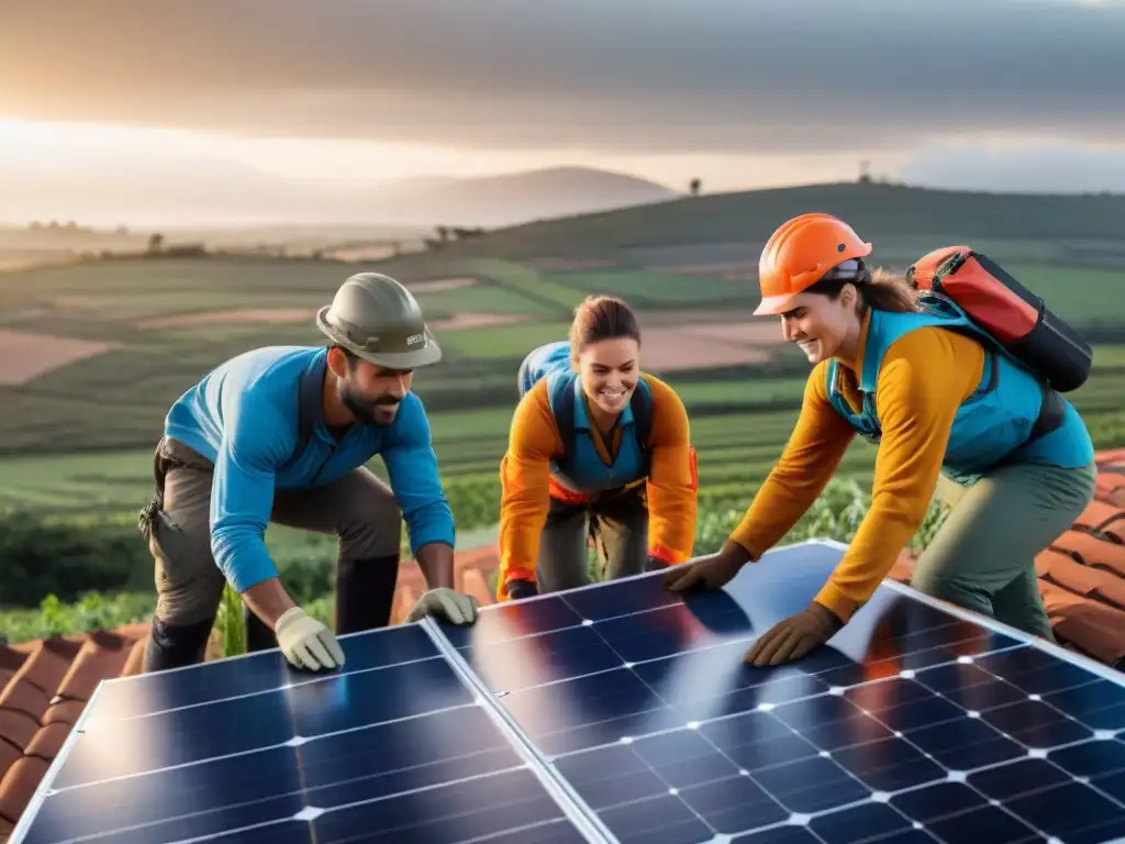 Un equipo diverso de voluntarios instala paneles solares en una comunidad rural en Uruguay al atardecer