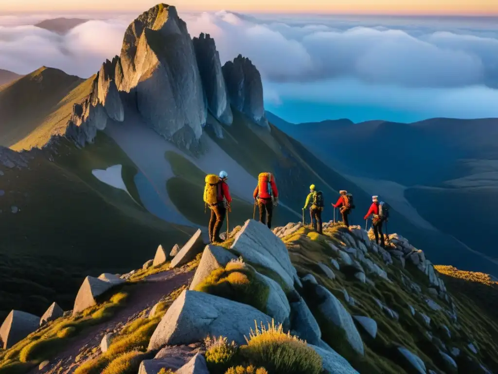 Equipo de escalada para Uruguay conquistando las cumbres del Cerro Catedral al atardecer