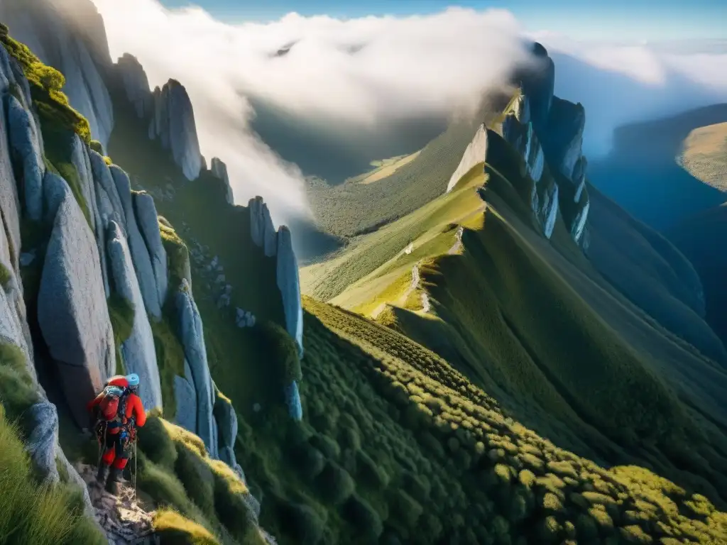 Equipo de escalada ascendiendo una empinada roca en Uruguay, con paisaje montañoso impresionante y cielos despejados