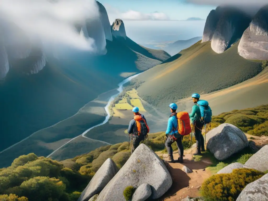 Equipo de escalada para Uruguay conquistando juntos alturas desafiantes en un paisaje impresionante