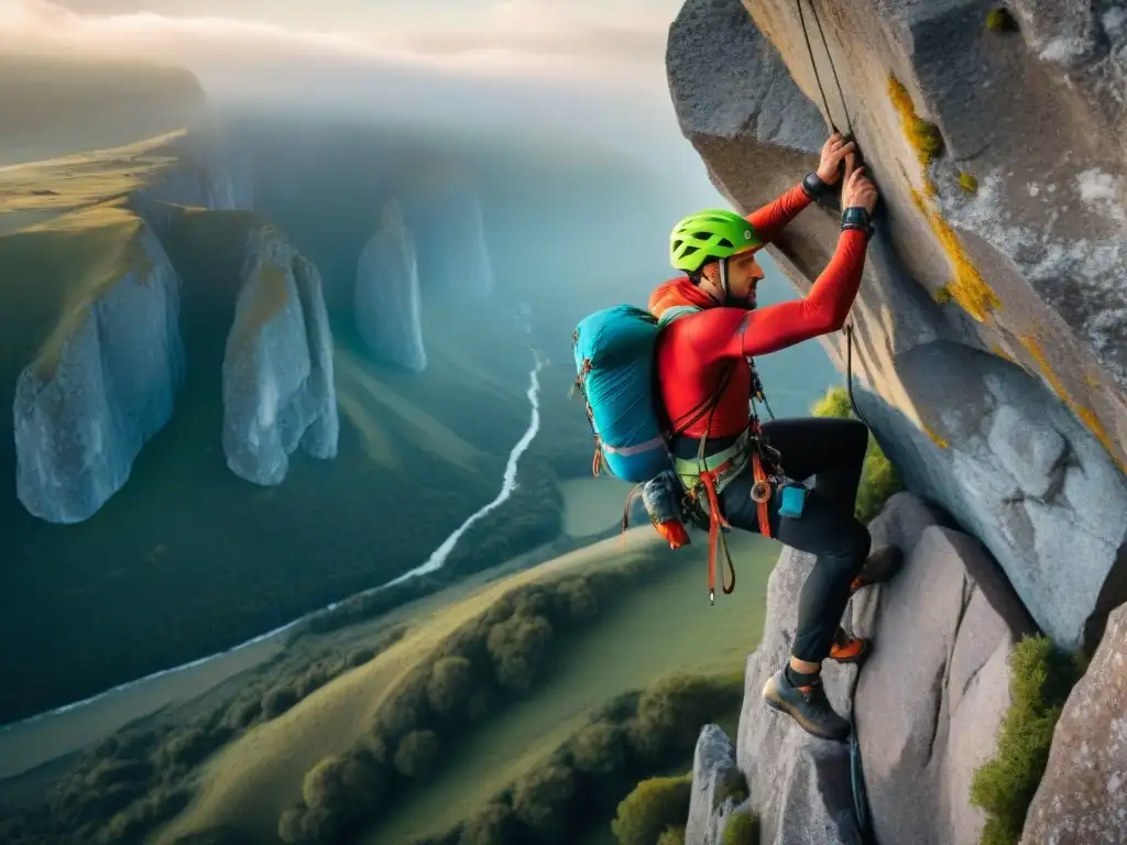 Equipo de escalada roca Uruguay alturas: Escaladores desafían un acantilado con determinación y foco en la vasta naturaleza uruguaya