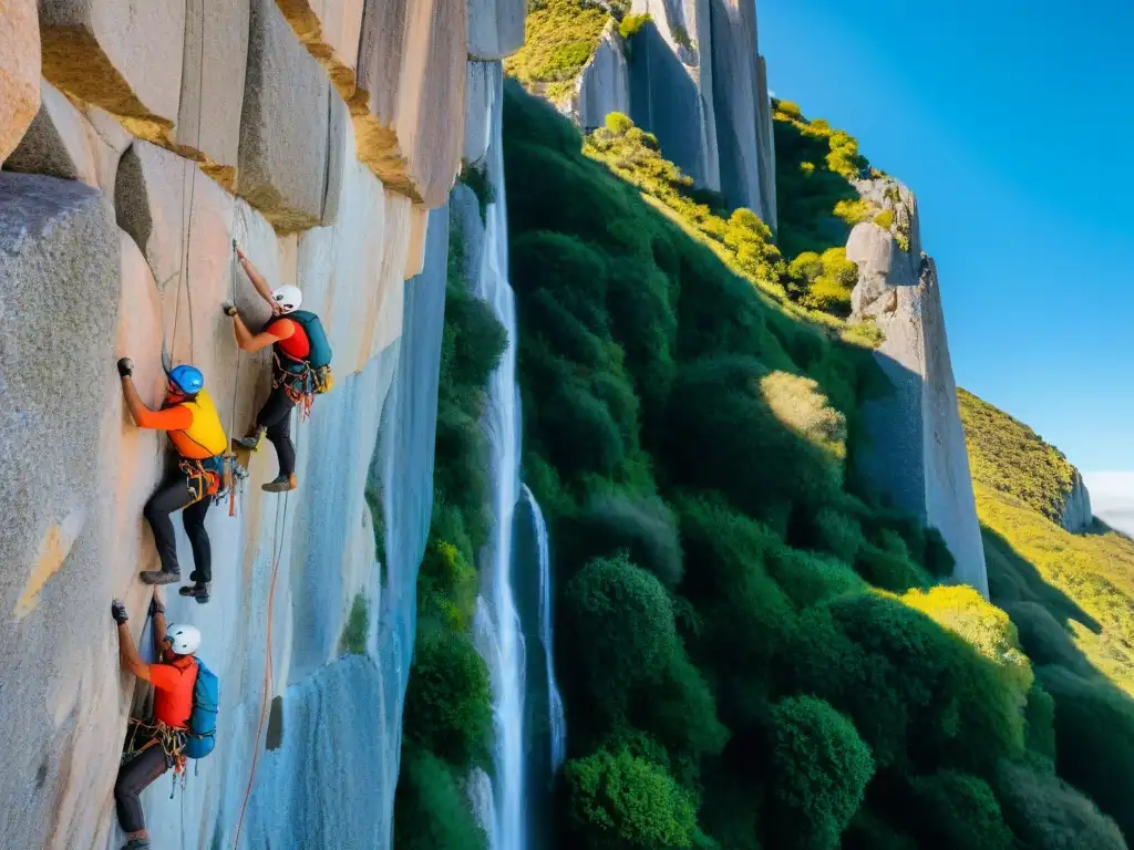 Equipo de escalada roca en Cerro Pan de Azúcar, Uruguay, desafiando alturas bajo cielo azul