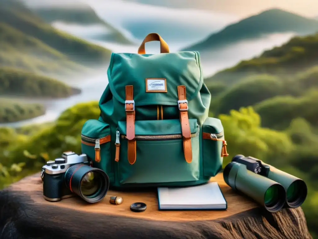 Equipo esencial observación aves Uruguay: Mochila abierta con accesorios de observación de aves en un bosque vibrante