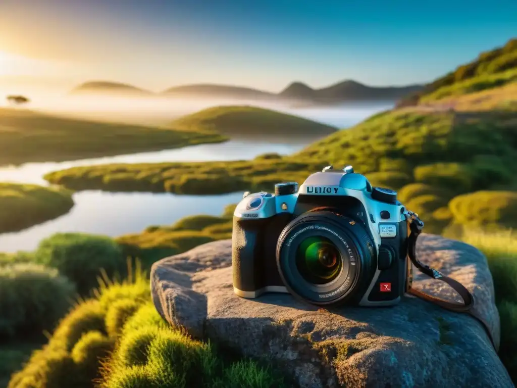 Equipo fotográfico para explorar Uruguay: Cámara DSLR en un entorno natural sereno al atardecer