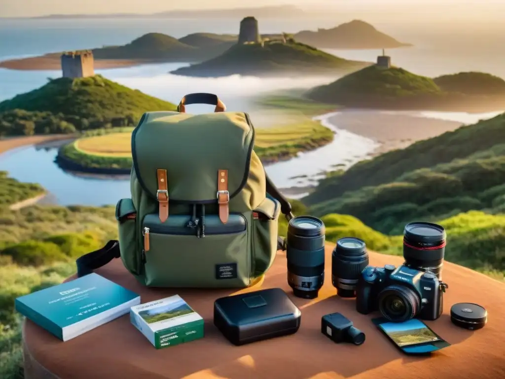 Equipo fotográfico organizado en mochila de viaje con vista de Colonia del Sacramento al fondo