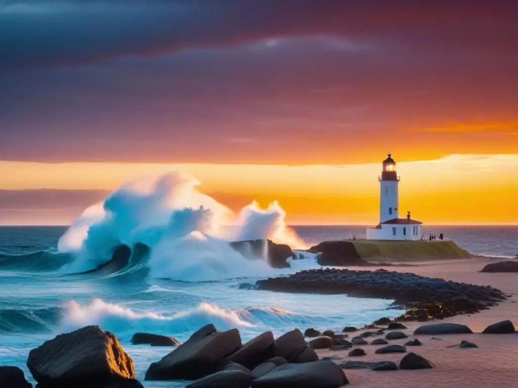 Equipo fotográfico capturando la vibrante puesta de sol sobre el icónico faro de Punta del Este en Uruguay