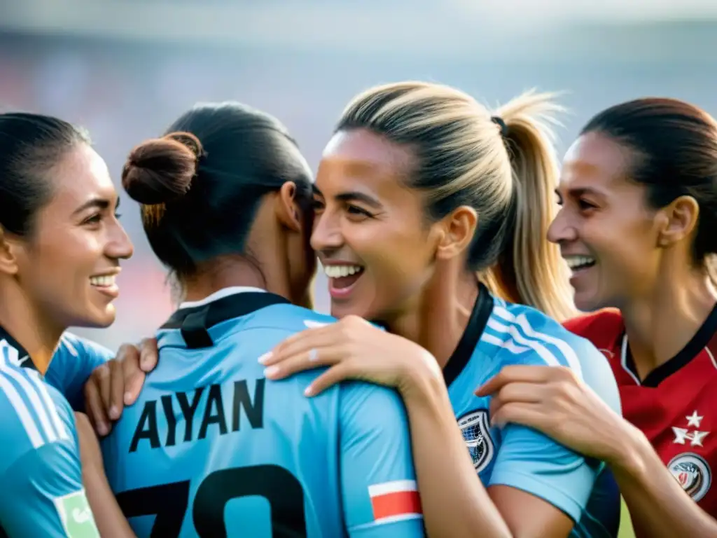 Equipo de fútbol femenino de Uruguay celebra victoria, reflejando fuerza y camaradería