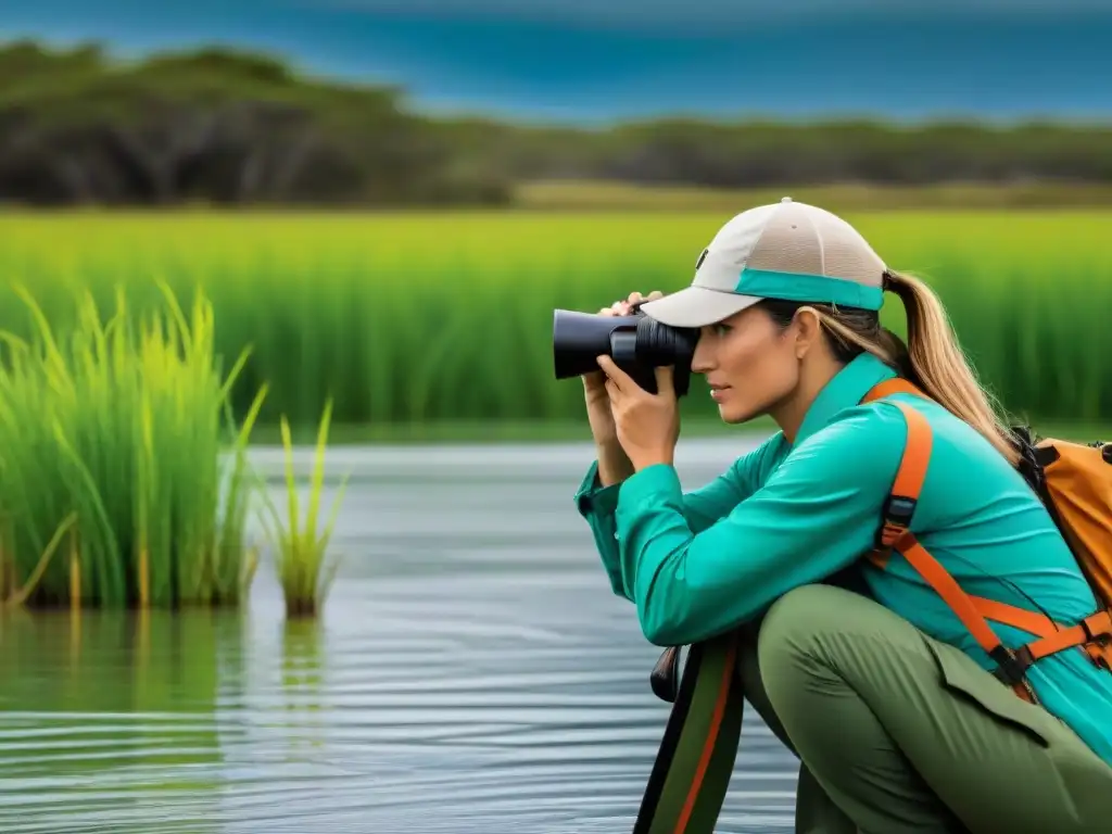 Equipo de conservación en humedales de Uruguay investigando especie de ave