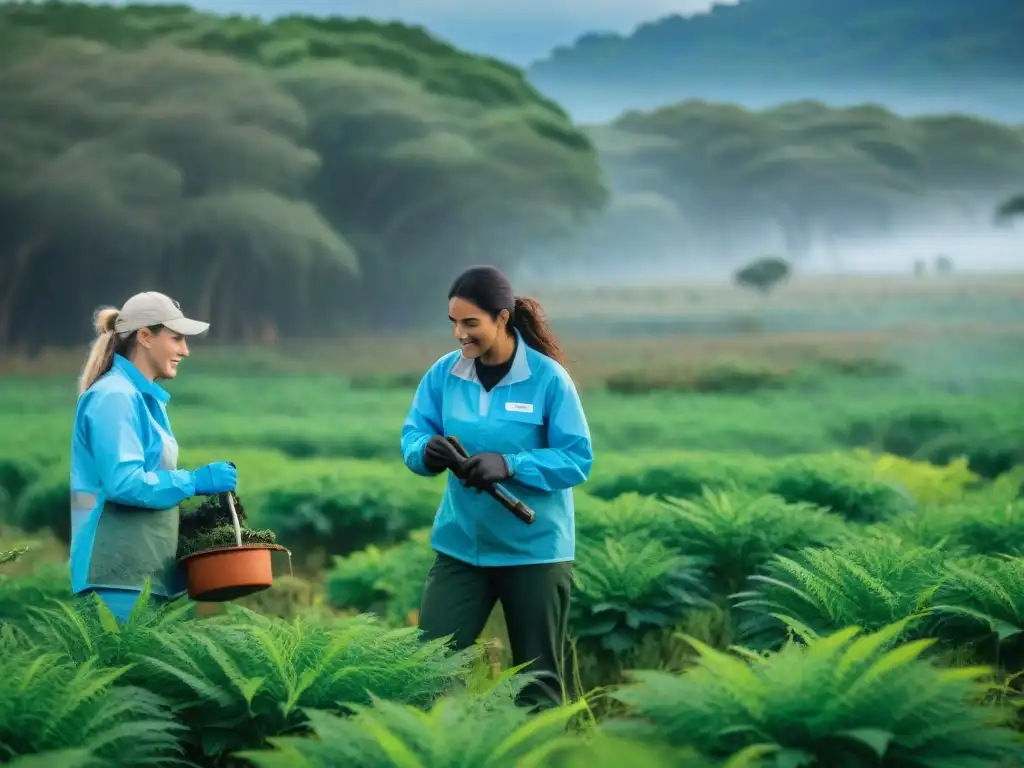 Equipo trabajando juntos para el control de especies invasoras en Uruguay, rodeados de exuberante naturaleza y cielo azul