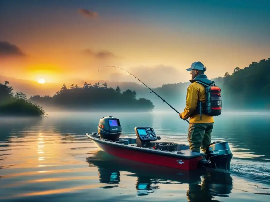 Equipo de pesca deportiva con tecnología avanzada en un moderno barco, reflejando la naturaleza al atardecer