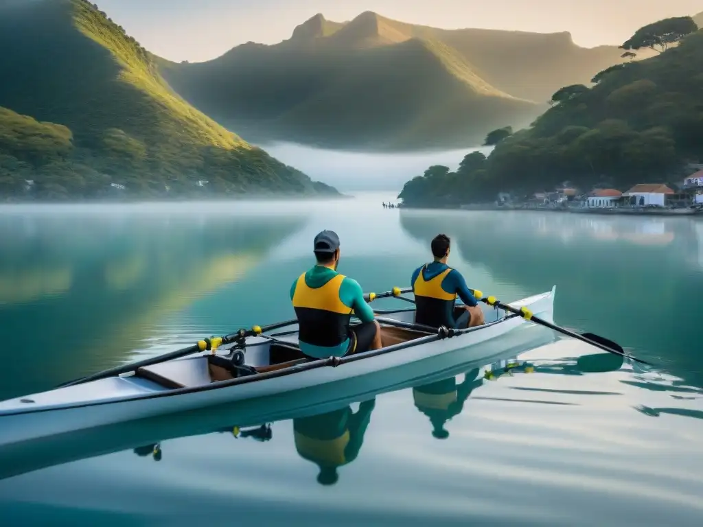 Equipo de remo al amanecer en Laguna Garzón, transmitiendo calma y preparación para remar en la lagoa