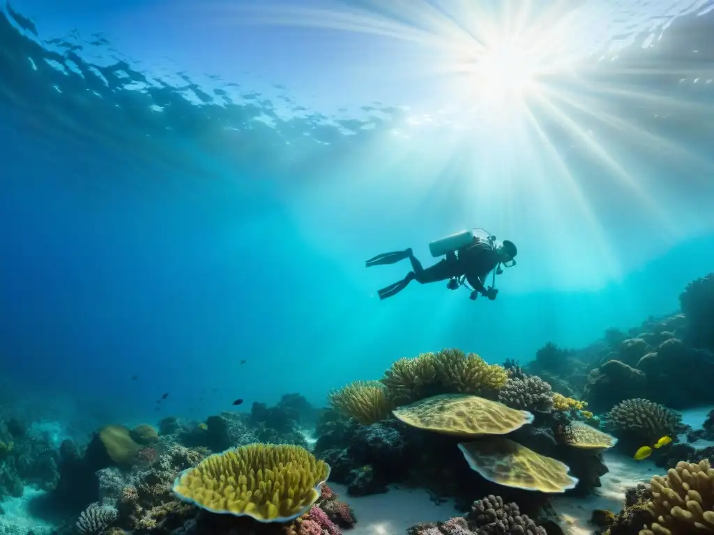 Explorando en equipo el vibrante mundo submarino de Uruguay: arrecifes de coral, peces tropicales, tortugas y rayas, con el sol penetrando el agua