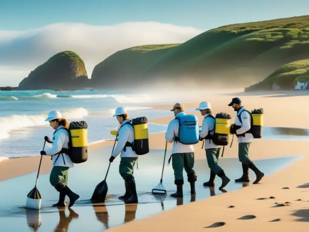 Equipo de voluntarios realizando actividades de biología marina en la playa de Uruguay