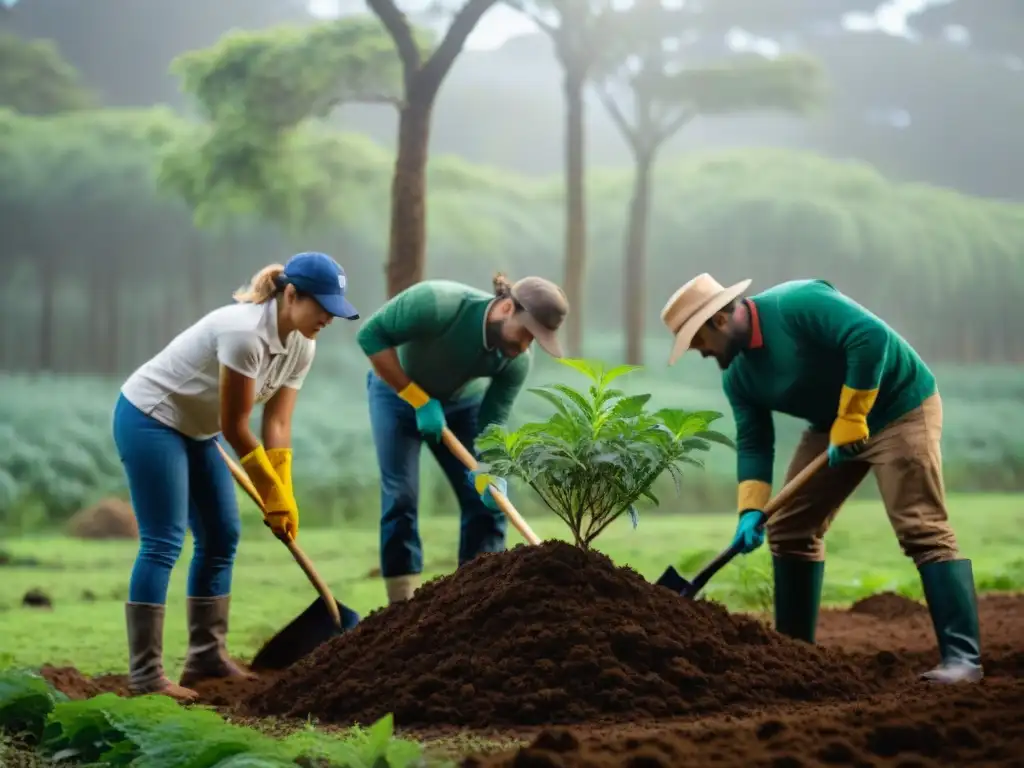 Un equipo de voluntarios en acción plantando árboles en un exuberante bosque en Uruguay