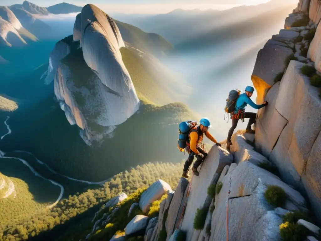 Escaladores desafiantes en Sierras de Minas aventura natural, con determinación al enfrentar terrenos escarpados al atardecer