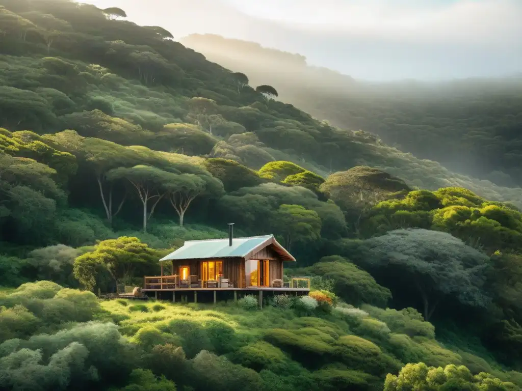 Escapada eco en cabañas Uruguay entre árboles nativos y sol filtrándose en el follaje vibrante del bosque