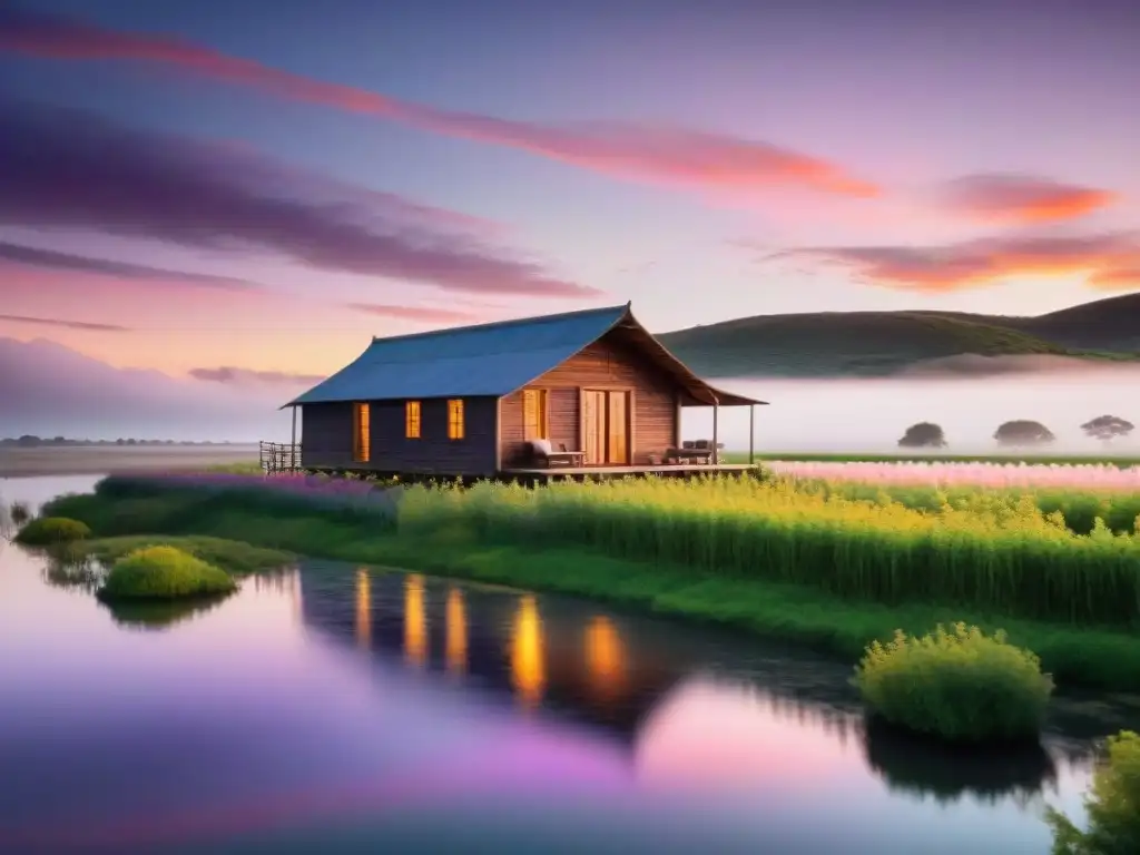 Una escapada romántica en Uruguay: atardecer dorado sobre cabaña de madera en viñedos verdes, pareja remando en lago tranquilo