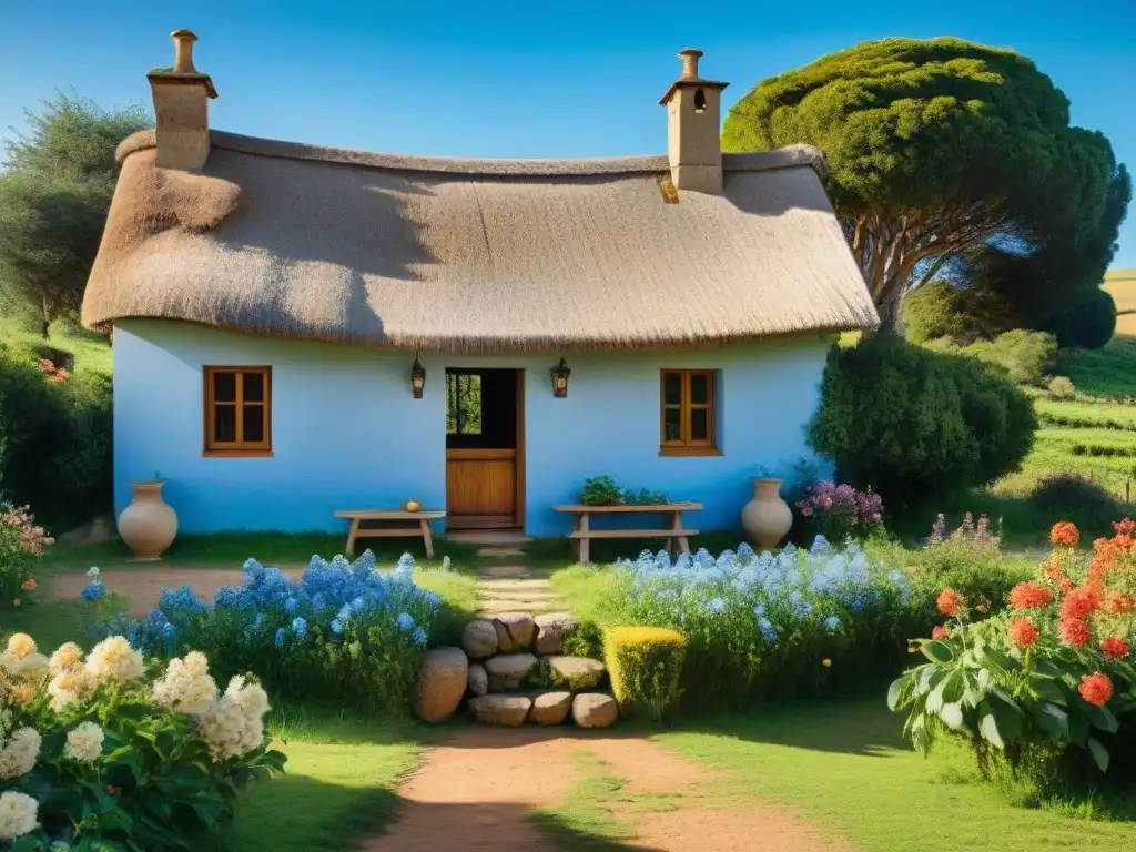 Escapada romántica en Uruguay: encantadora cabaña de campo rodeada de flores y vegetación exuberante en un paisaje sereno