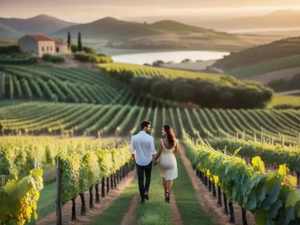 Una escapada romántica en la ruta del vino de Uruguay: pareja elegante pasea de la mano al atardecer entre viñedos