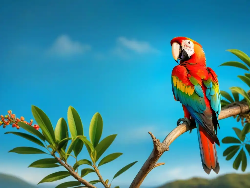 Escarlata guacamayo asomado en rama verde sobre Laguna de Rocha, cielo azul, belleza natural y aves