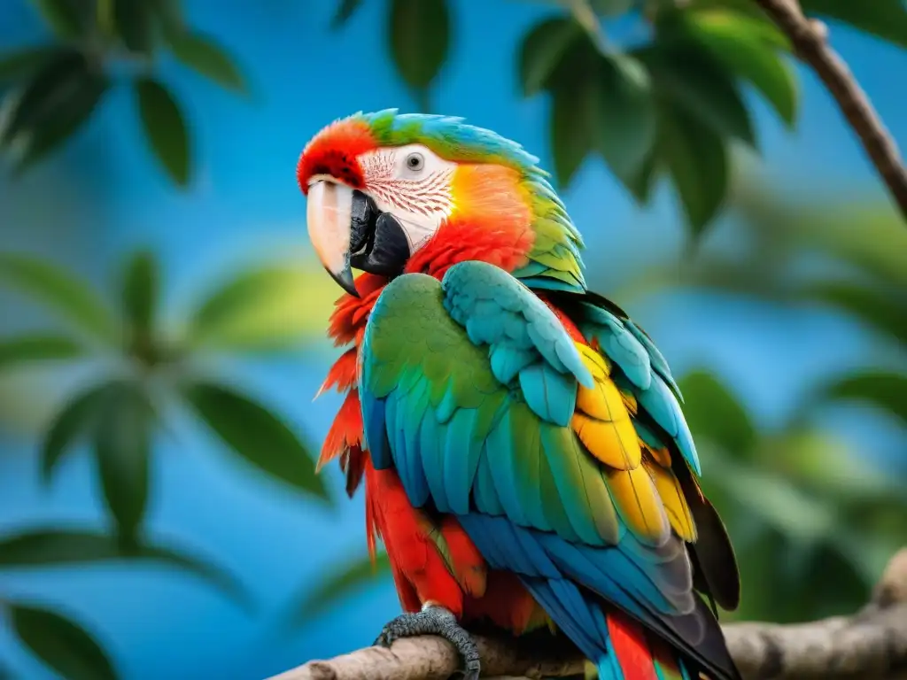 Escarlata guacamayo en rama verde brillante, plumaje iridiscente al sol y cielo azul