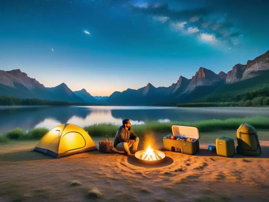 Una escena de acampada serena al anochecer con una nevera portátil abierta llena de alimentos y bebidas