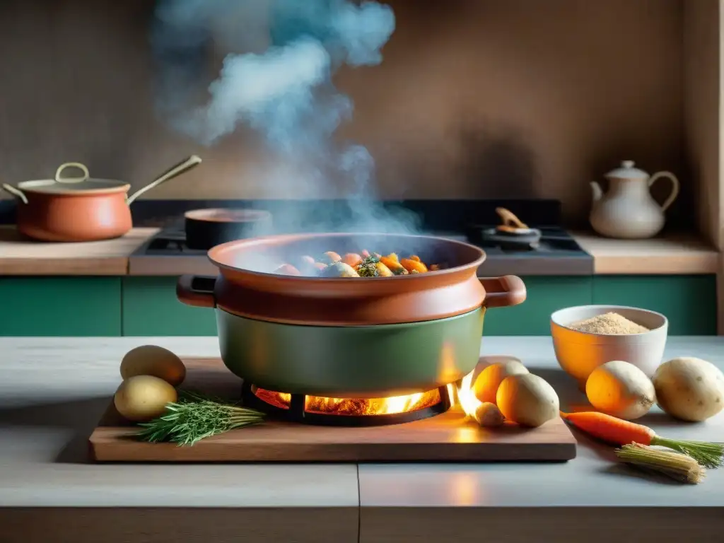 Una escena acogedora de una cocina tradicional uruguaya con un guiso de carne y vegetales en una olla de barro sobre la estufa de leña