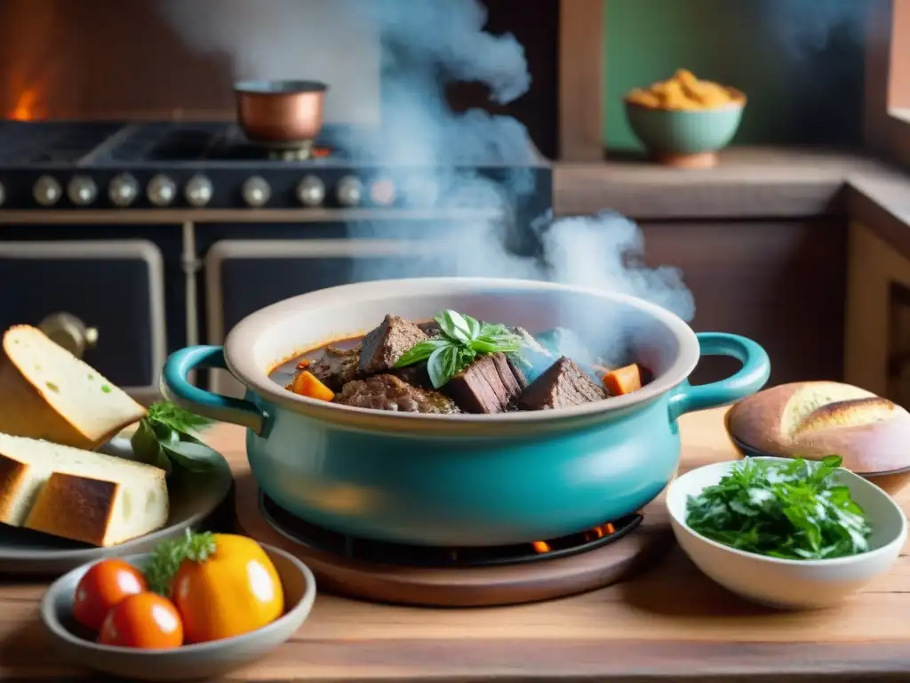 Escena acogedora de guiso uruguayo en olla tradicional, con ingredientes frescos y coloridos