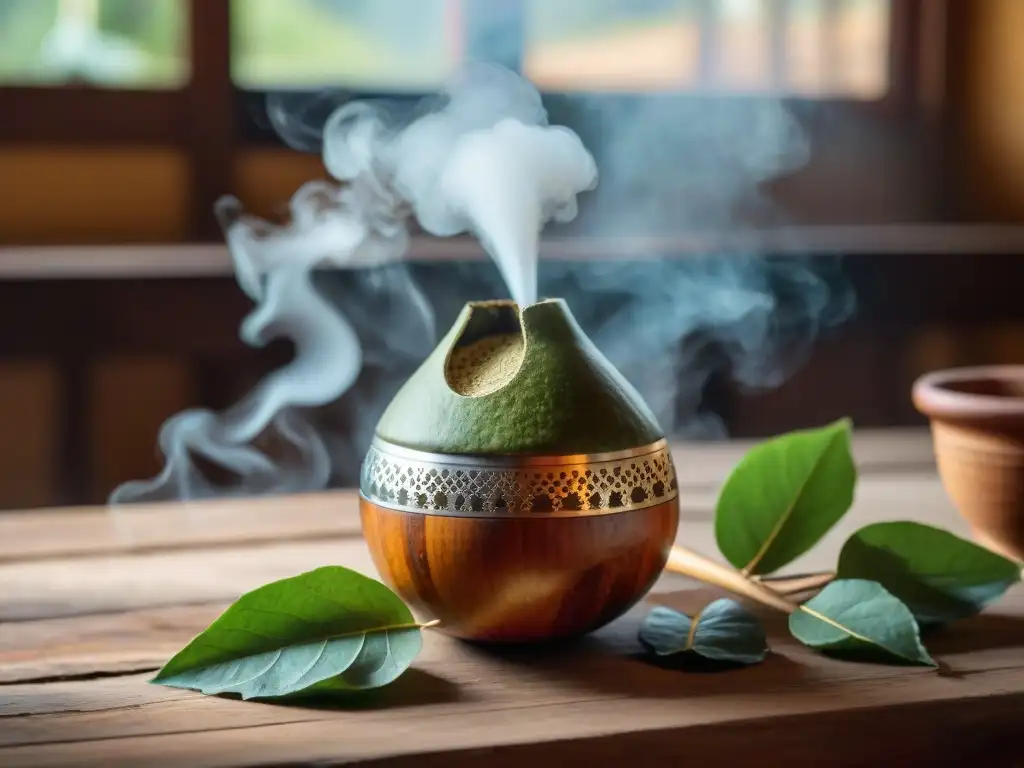 Una escena acogedora en Uruguay: un mate tradicional con yerba, en una mesa rústica