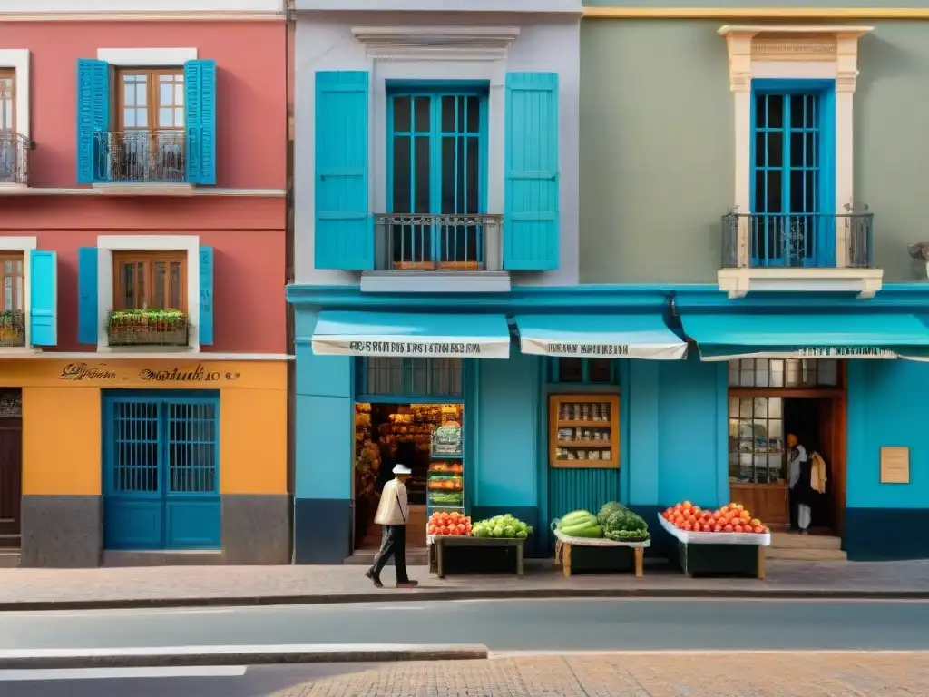 Escena animada en la calle de Montevideo, Uruguay, con colores vibrantes y vendedores locales