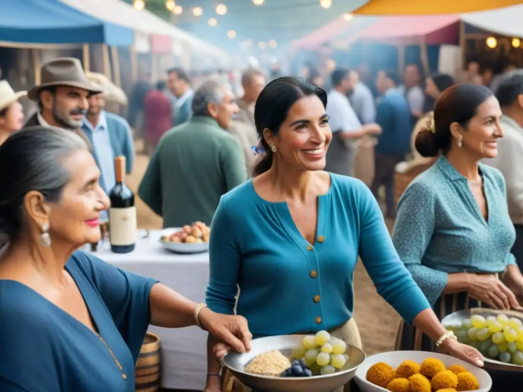 Escena animada de ferias de vino en Uruguay con puestos coloridos y gente disfrutando la celebración