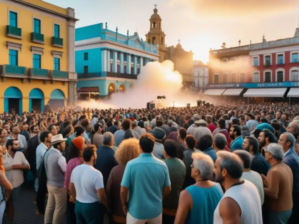 Escena animada en Montevideo durante un festival musical local, con música en vivo y espectadores de todas las edades