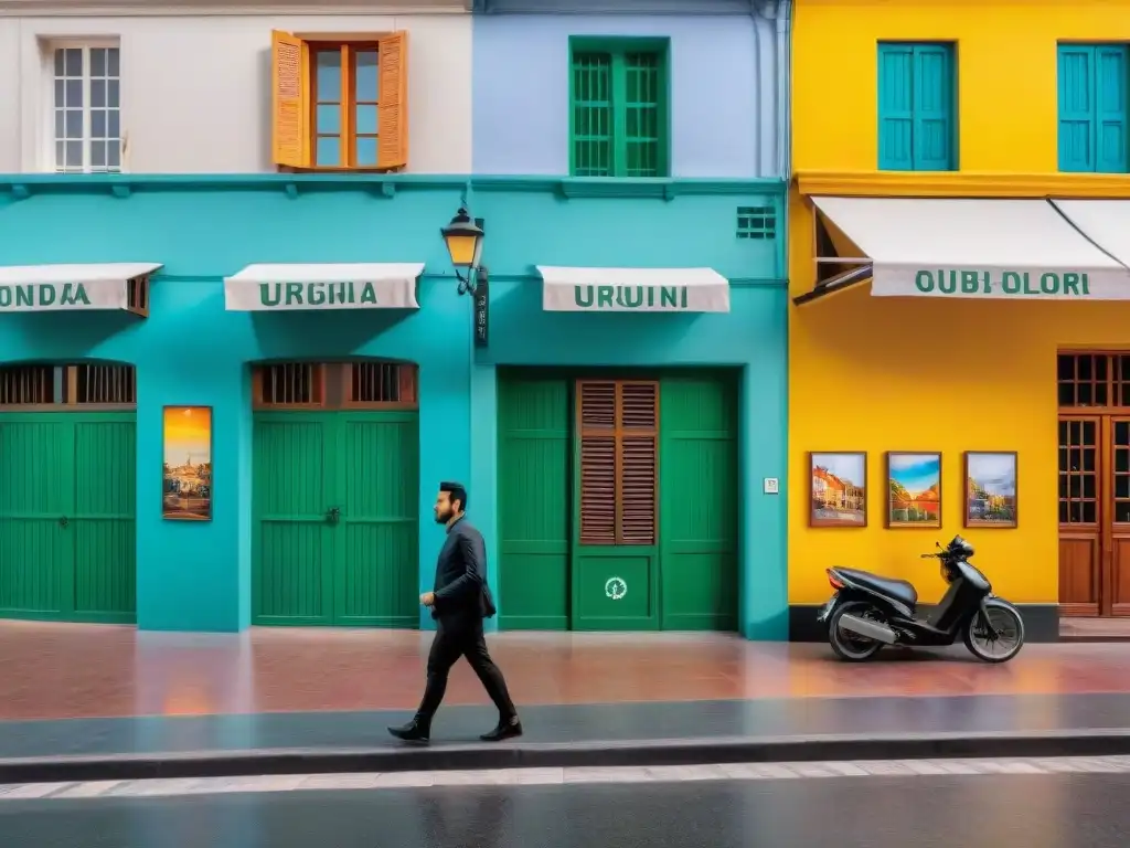 Escena animada en Montevideo con murales coloridos, cafés al aire libre y paseantes admirando el arte urbano y la gastronomía uruguaya