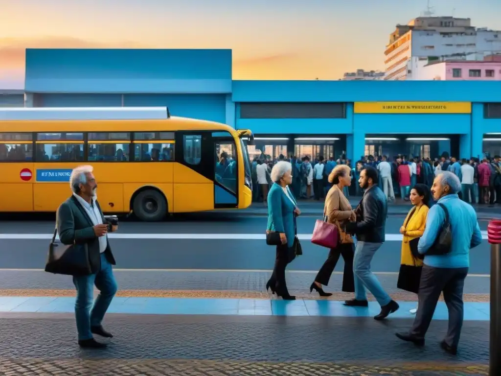 Escena animada en terminal de ómnibus en Montevideo al atardecer