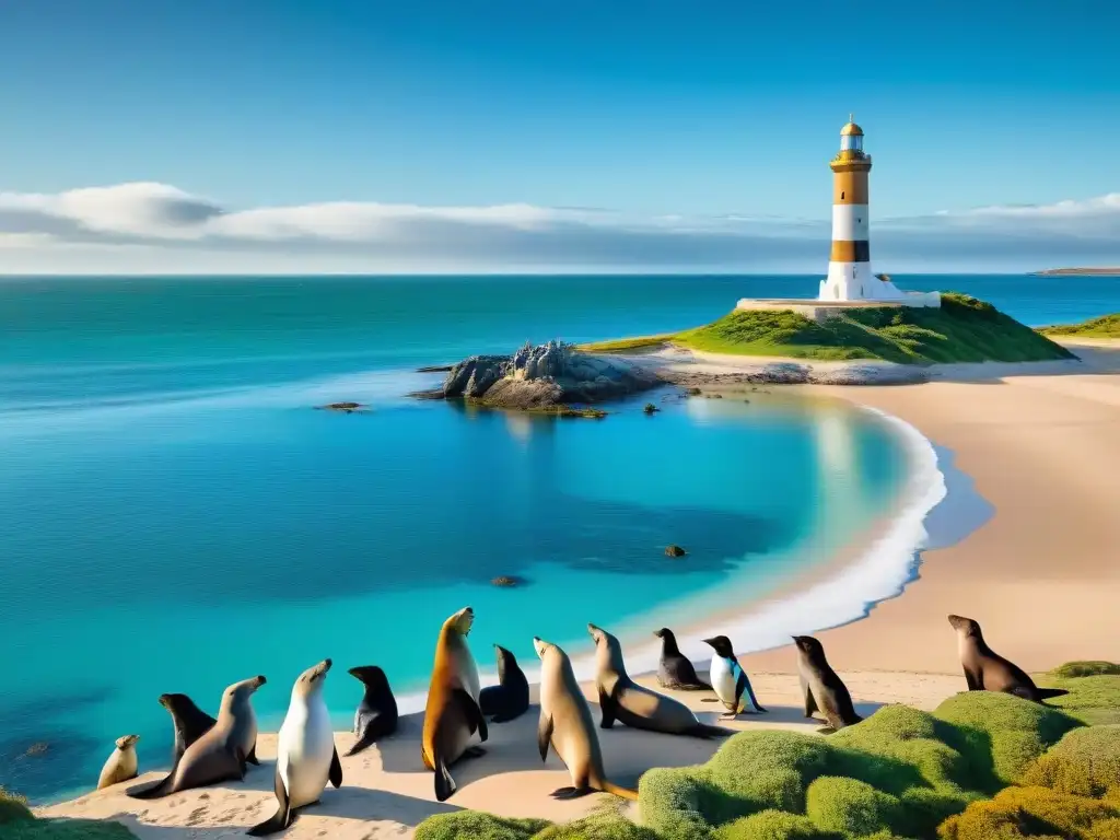 Una escena apacible en la costa de Uruguay, con leones marinos, aves marinas y un faro al fondo