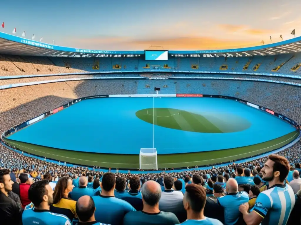 Una escena apasionante de hinchas en el Estadio Centenario durante un histórico partido de fútbol en Uruguay