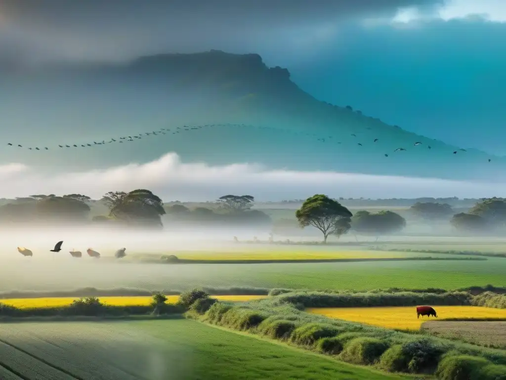 Escena de armonía entre aves y agricultura en Uruguay, destacando prácticas sostenibles