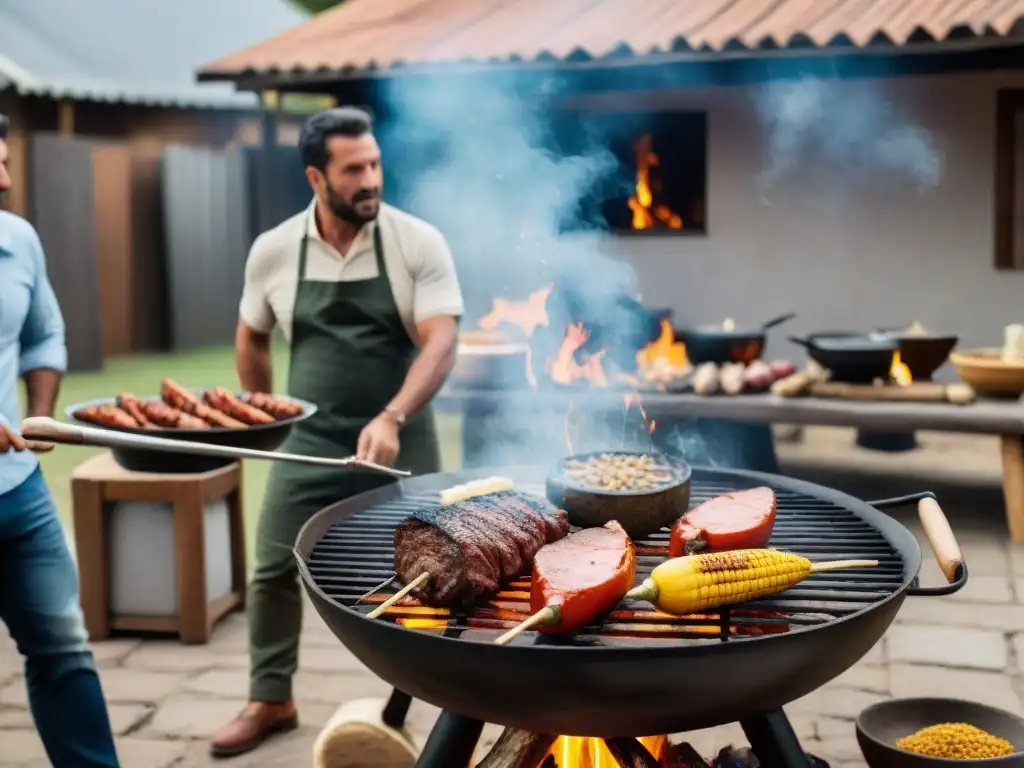 Una escena de asado tradicional uruguayo alrededor de un fuego de leña, con cortes de carne y mate