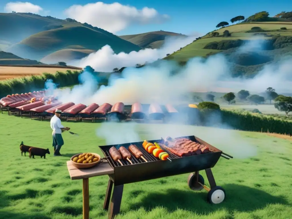 Una escena de asado tradicional uruguayo en un entorno campestre, mostrando la colaboración entre chefs y granjeros locales