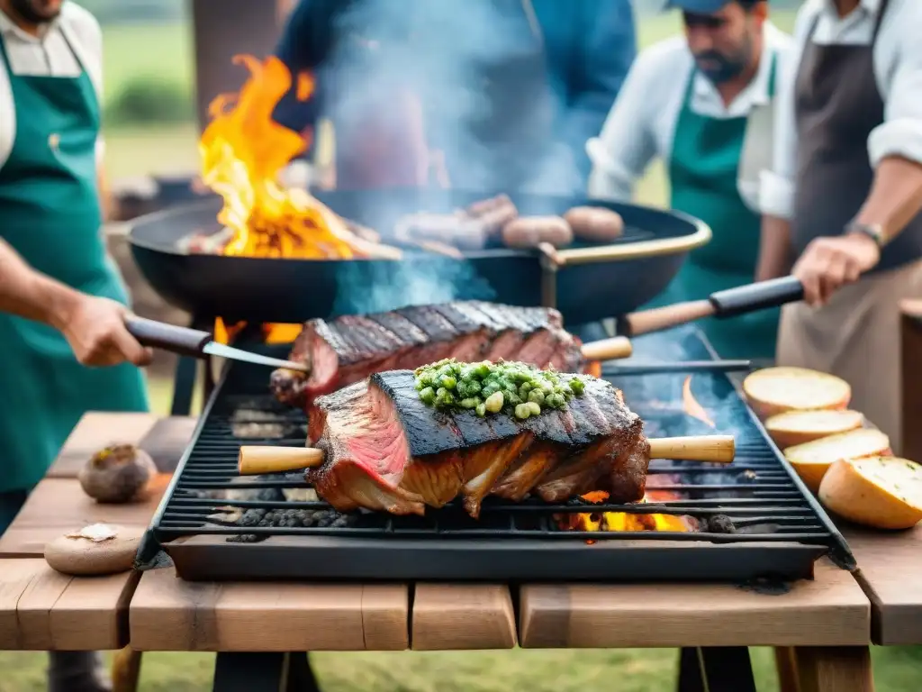 Una escena de asado tradicional uruguayo: gauchos preparan carne en la parrilla mientras amigos comparten comida y vino Tannat