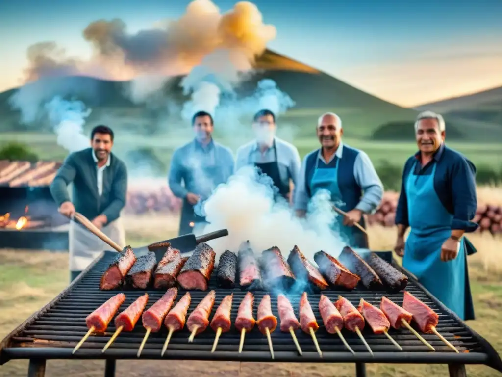 Escena de asado uruguayo auténtico: gauchos cocinando carne sobre parrilla en paisaje campestre