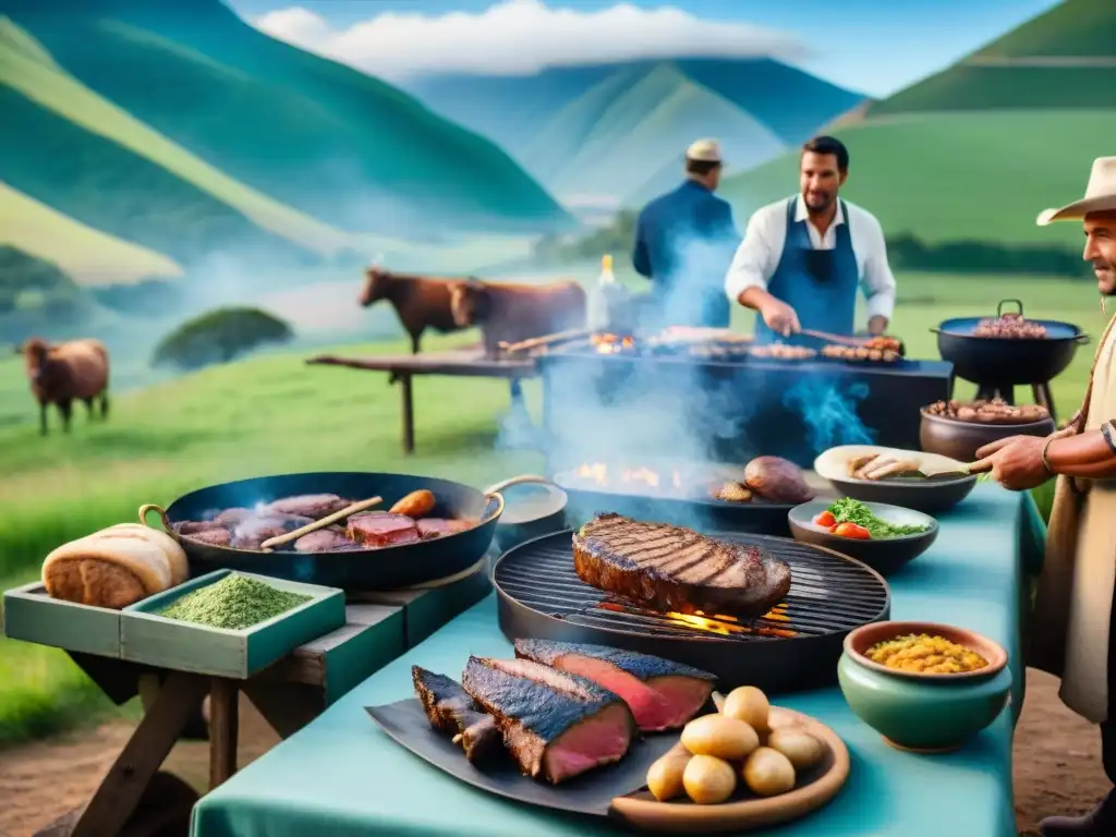 Una escena de asado uruguayo rural, con gauchos cocinando carne a la parrilla en el campo