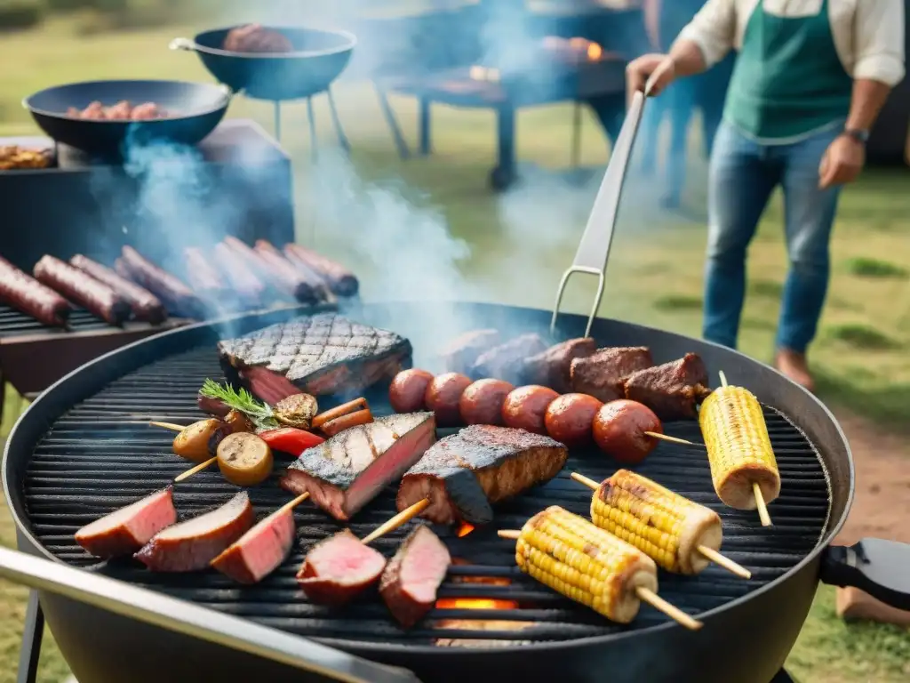 Una escena de asado uruguayo tradicional en un día soleado, con amigos y familia disfrutando juntos