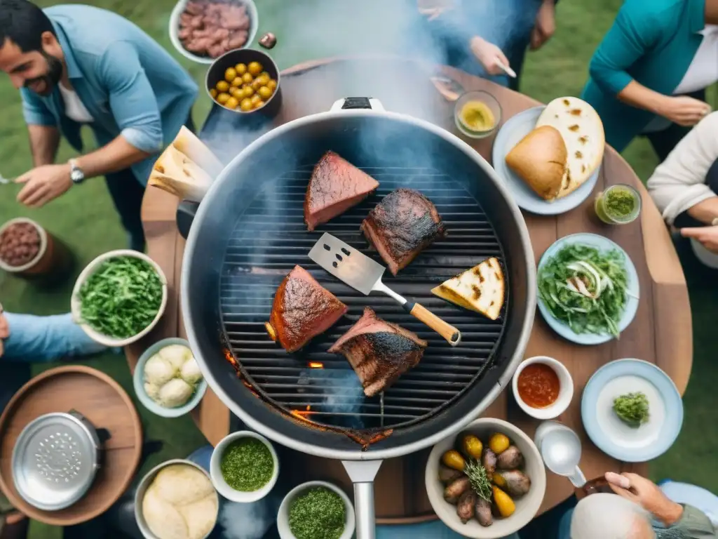 Una escena de asado uruguayo tradicional, amigos y familia alrededor de la parrilla