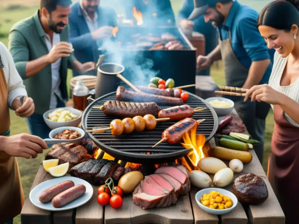 Una escena de asado uruguayo tradicional en el campo con gaucho