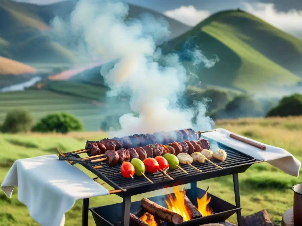 Una escena auténtica de un asado uruguayo tradicional en el campo, mostrando una reunión alrededor de una parrilla con carnes variadas